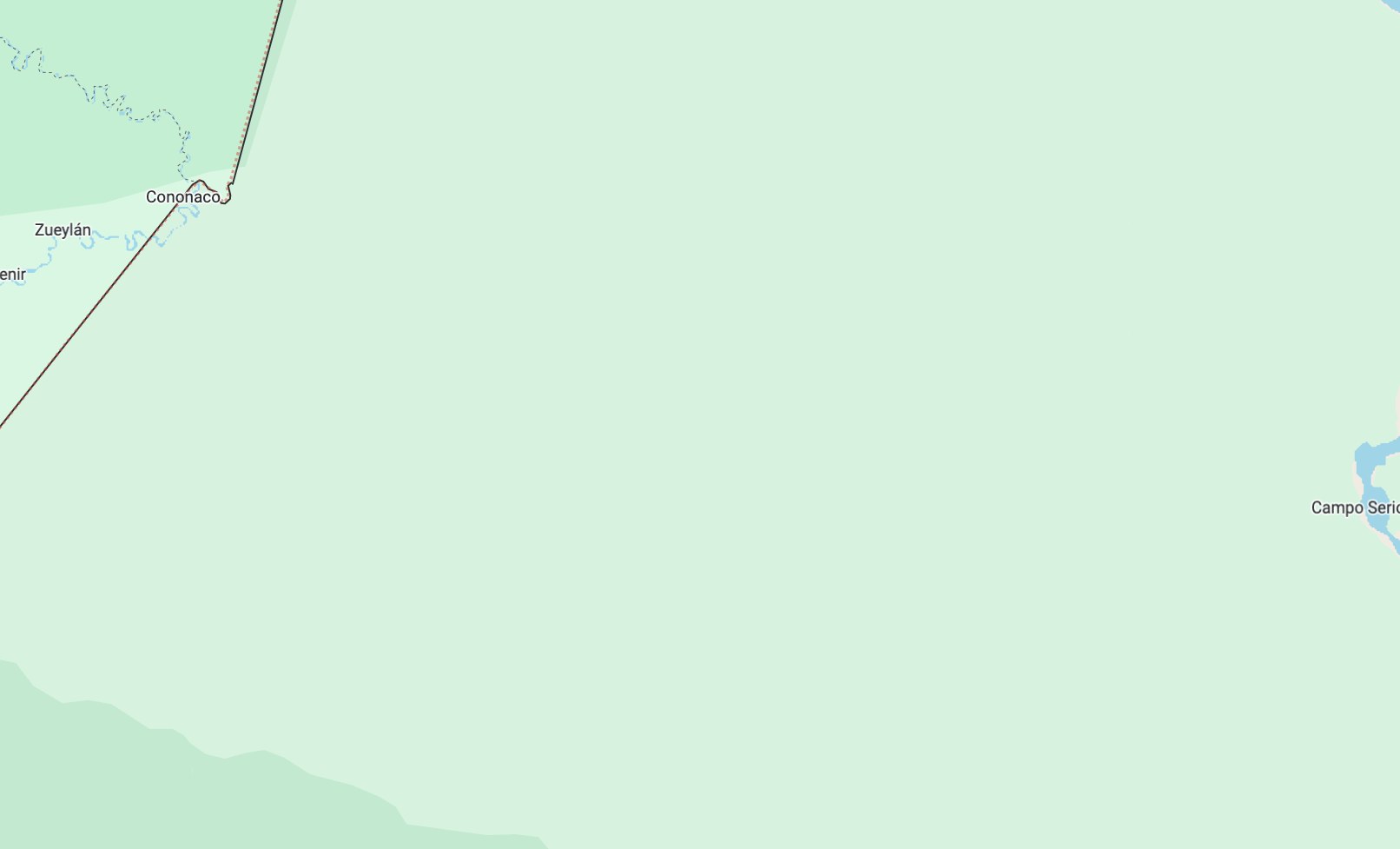 Standard navigation map of the same reach of the Curaray, showing empty green terrain with no river drawn at all