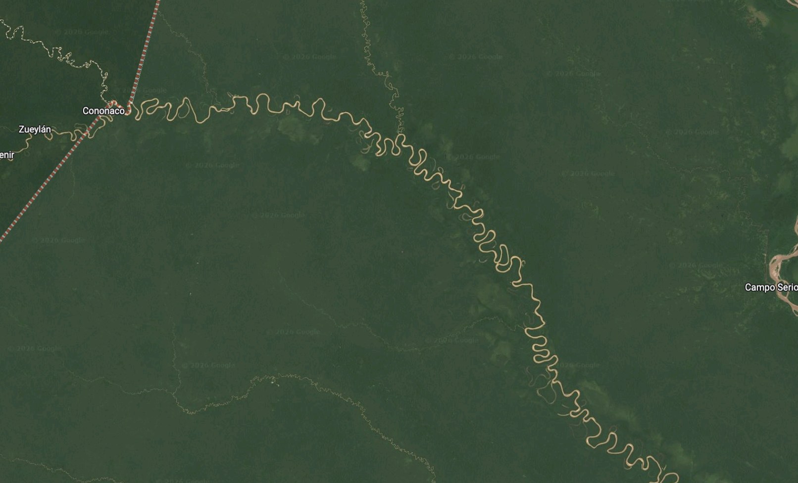 Satellite imagery of the Curaray, eastern Ecuador, showing a heavily meandering river crossing the whole frame past Cononaco village toward Campo Serio